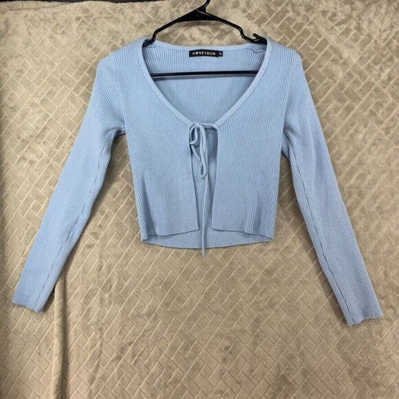 Honeybum Tops - Honeybum Womans Medium Crop Top Light Blue Cardigan Tie Front Long Sleeve